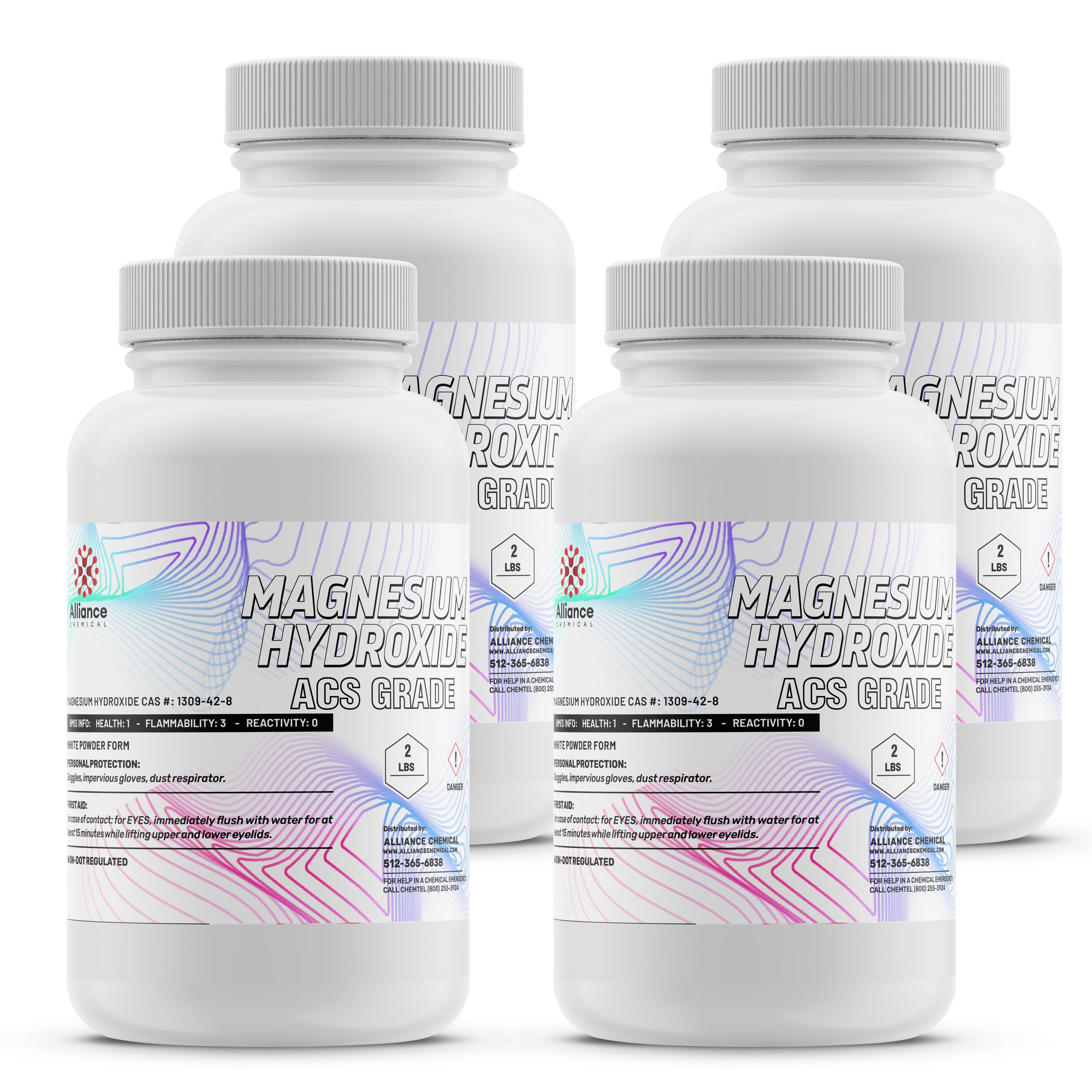 2lb bottles of ACS-grade Magnesium Hydroxide powder in white HDPE containers with safety warnings, CAS #1309-42-8, 4-pack with dust respirator required.